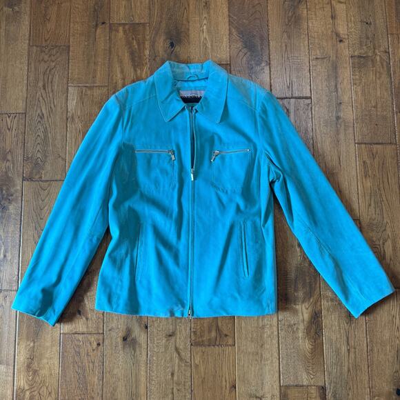 SAGUARO Jackets & Blazers - VTG Y2K Zip Front Suede Leather Jacket Women's XL Aqua Blue Saguaro Collared